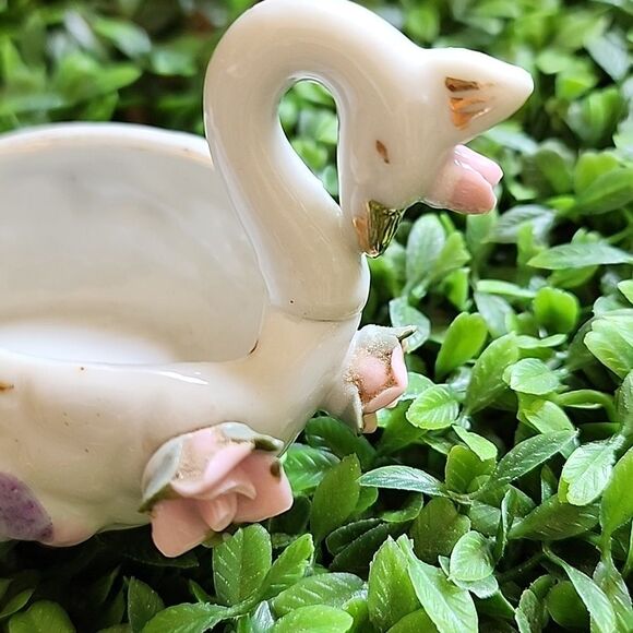 Vintage Porcelain Floral Swan Ash Tray Sphinx Japan Coquette Bridal - Picture 5 of 12